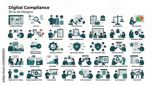 Foto Digital compliance and corporate governance vector icon collection illustrating