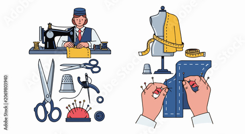 A colorful illustration of a seamstress at work with a sewing machine and tools
