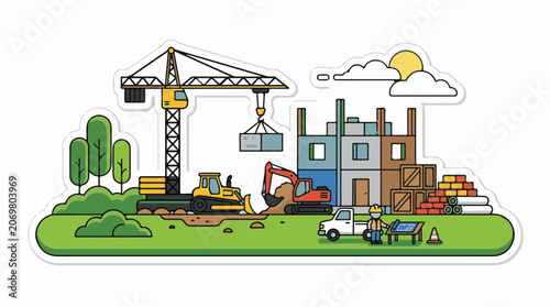 Construction site with crane and workers.