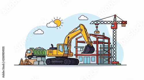 Yellow excavator on construction site works.