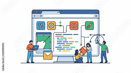A colorful illustration of four people working together on a large computer screen with various icons and flowcharts