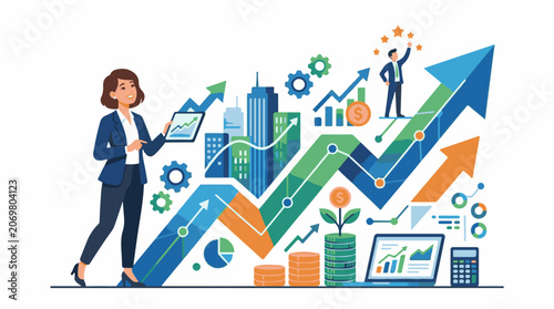 Business professionals analyzing growth charts and data
