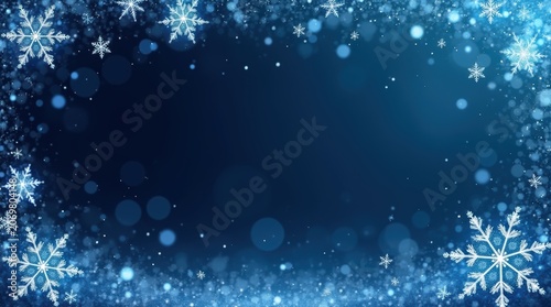 Winter snowflake border on blue background, festive Christmas holiday frame with bokeh lights, elegant ice crystal decorative backdrop for seasonal greetings
