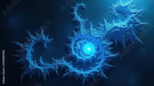 Bright blue glowing spiral fractal pattern with a dark deep space background effect