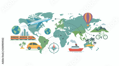 A colorful world map with various modes of transportation and travel icons