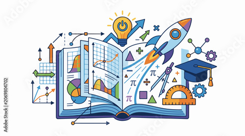 A colorful illustration of an open book with various educational symbols (4)