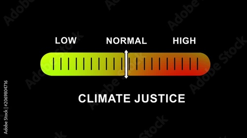 Dynamic climate justice indicator gauge animation featuring a sliding scale moving from low to risk levels for environmental policy, global warming awareness, and sustainability data visualization