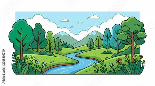 Serene landscape with winding river trees.