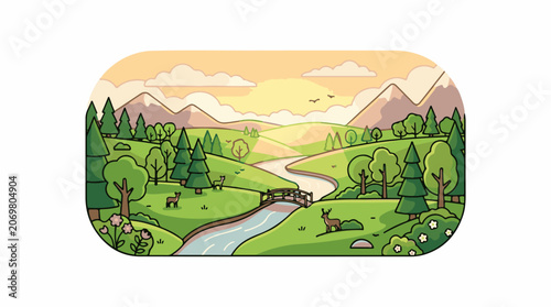 A serene landscape with a winding river and bridge amidst green hills and mountains