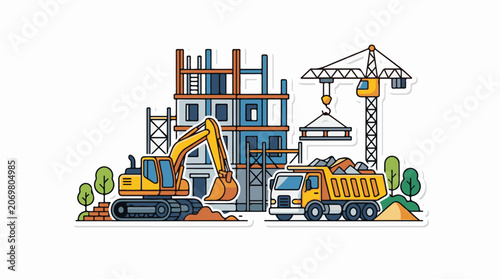Construction site with excavator and crane.