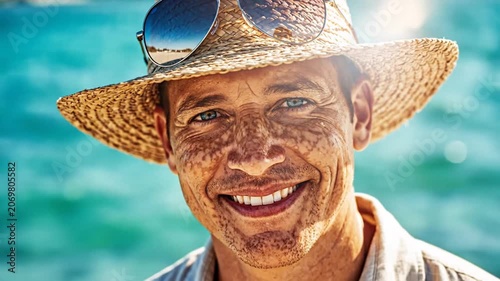 Smiling middle-aged man with freckles wearing straw hat and sunglasses at the beach.