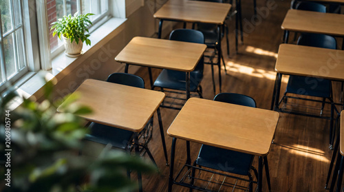 Empty classroom with wooden desks and sunlight streaming in  