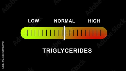 Animated triglycerides level indicator gauge moving from low to normal and range on a black background, representing medical health diagnostics, cholesterol monitoring, and cardiovascular risk