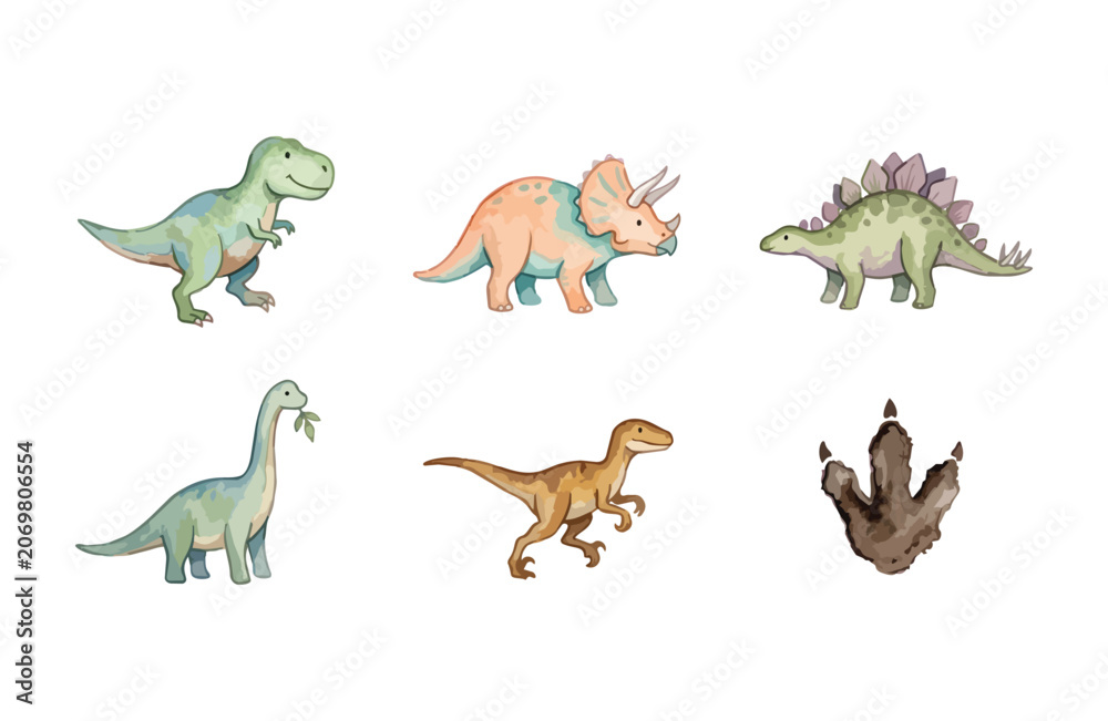 Obraz premium Watercolor dinosaur icons set isolated on white background
