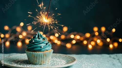Festive Teal Cupcake with Sparkler and Bokeh Lights, Celebrating a Special Occasion