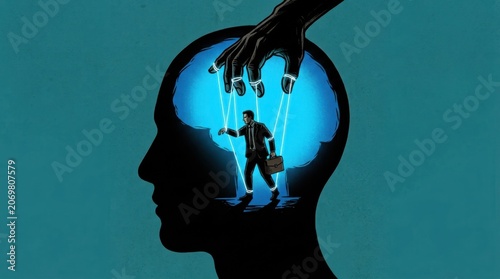 Conceptual illustration of manipulation and control depicting a businessman as a puppet within a human head silhouette