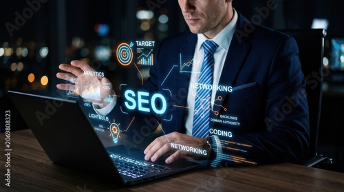 Businessman working on seo strategy with digital marketing concepts