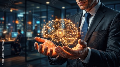 Businessman presenting a glowing digital brain with circuit board and network connections in a modern office setting