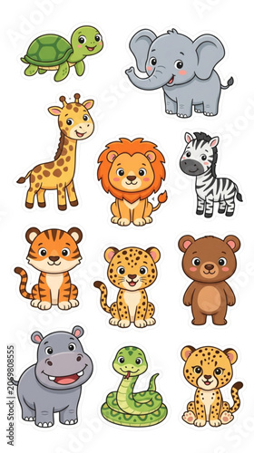Photography Cartoon Safari and Wild Animal Stickers on Grey Background