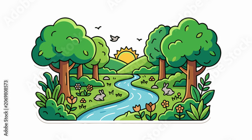 Serene landscape with trees and stream.
