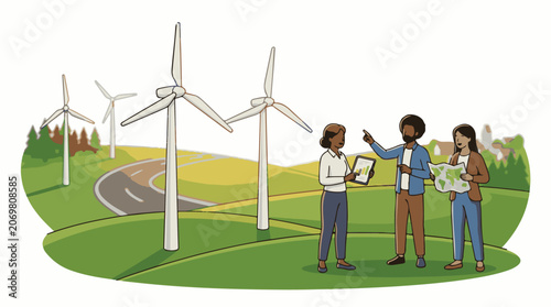People discussing wind turbines on field.