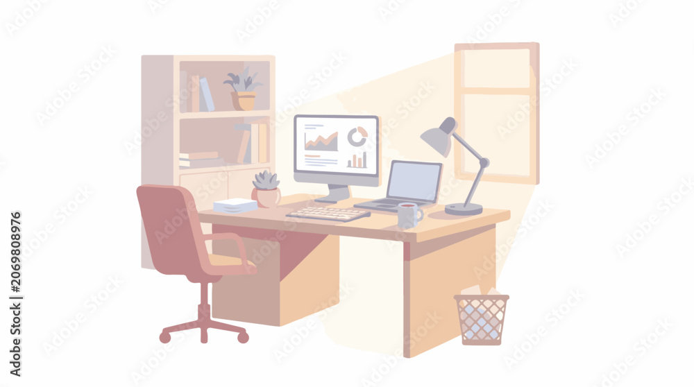 Fototapeta premium A pink office desk with computer and chair