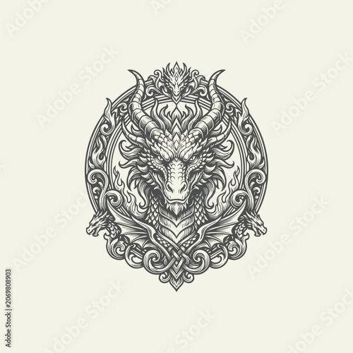 Vintage Dragon Head Engraving with Majestic and Ornamental Swirl Frame