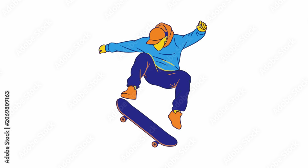 Obraz premium A person wearing a blue shirt and pants performs a skateboard trick