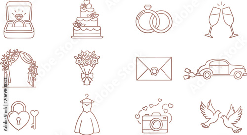 Elegant wedding line icon set featuring romantic vectors of rings, cake, dress, champagne glasses, camera, bouquet, and decorative love elements
