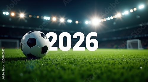 Soccer ball on green grass field with the year 2026 at a bright stadium at night