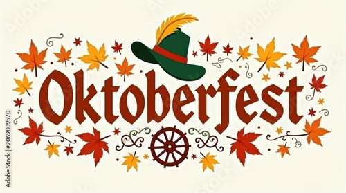 Oktoberfest, festive illustration, autumn leaves, beer festival, seasonal graphic