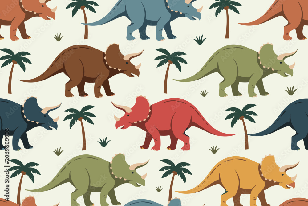 Obraz premium Seamless kids pattern featuring colorful triceratops dinosaurs and green palm trees on a light background.