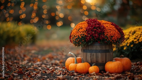Small orange pumpkins and a basket of fall flowers in a cozy backyard garden at dusk