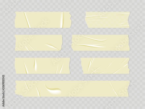 Realistic Torn Crumpled Sellotape Pieces and Adhesive Masking Tape Set Isolated on Transparent Background Vector Illustration