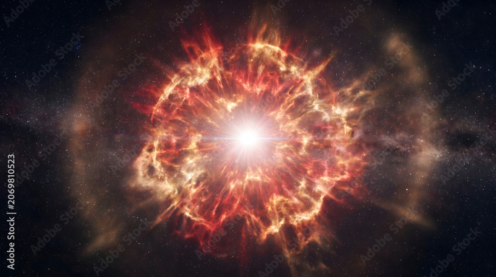 Obraz premium A massive supernova explosion occurring in deep space with bright light and glowing cosmic gas.