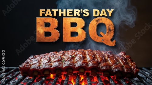 Father's day bbq text sign with grilled meat ribs cooking on a hot charcoal grill