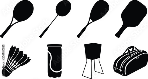 Fotografie A collection of solid black vector silhouettes representing equipment for various popular racket and paddle sports