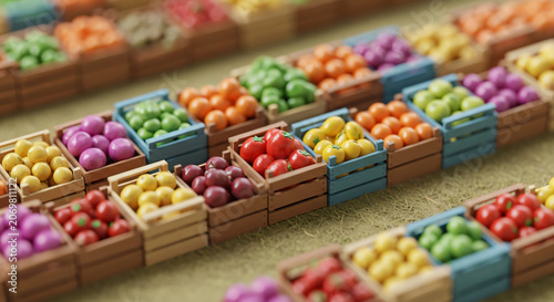 Vibrant Miniature Crates of Fresh Fruits and Vegetables in Rows