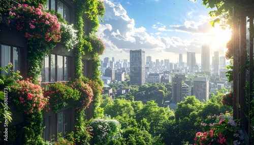 Futuristic Eco-Friendly Cityscape with Lush Greenery and Sunlight.