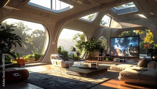 Futuristic Eco-Friendly Living Room with Lush Greenery and Natural Light.