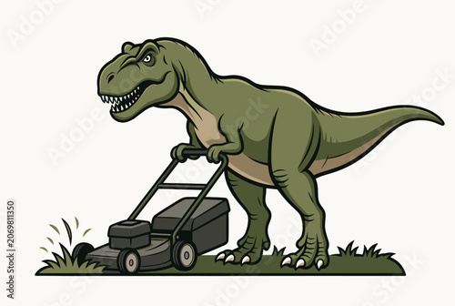 Humorous cartoon illustration of a green Tyrannosaurus Rex dinosaur pushing a lawnmower to cut the grass.