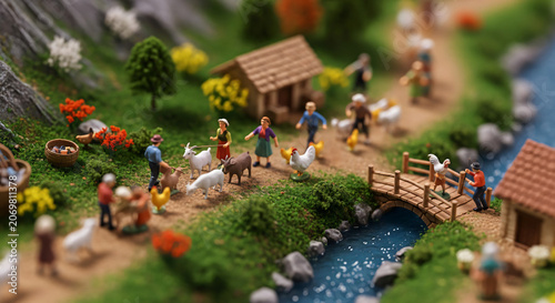 Miniature Village Scene with Tiny People and Farm Animals on a Path
