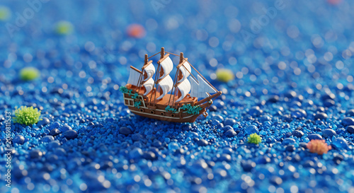 Miniature Wooden Sailing Ship Resting on Blue Pebble Ocean Surface
