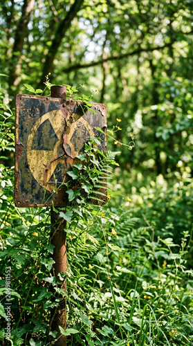 Rusty radiation warning sign surrounded by dense greenery in forest  