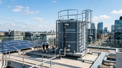 A large, gray rainwater storage system sits atop a building rooftop. The system includes a filtration unit, pumps, and a control panel.
