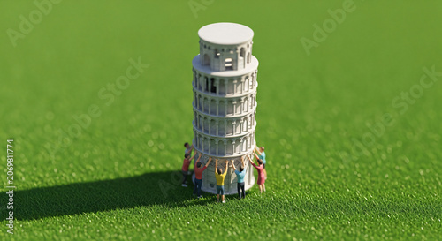 Miniature People Supporting a Tilting White Tower Model on Grass