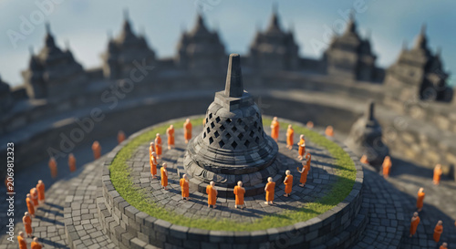 Tilt Shift Miniature Buddhist Monks Circling A Great Temple Stupa
