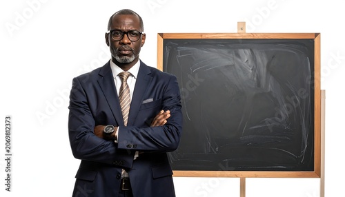 A stern Black man in a suit, with arms crossed, stands near a chalkboard on a stand against a white backdrop