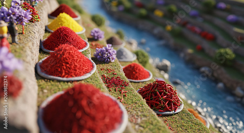 Miniature Landscape with Vibrant Spice Mounds and Chili Peppers