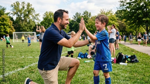 A man is giving a young boy a high five on a grassy field. The boy, wearing a blue soccer uniform with the number 7, is smiling and excited.